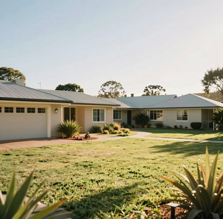 Wide shot of a clean, welcoming residential home campus in Nigel under bright South African sunlight, green lawns, warm atmosphere
