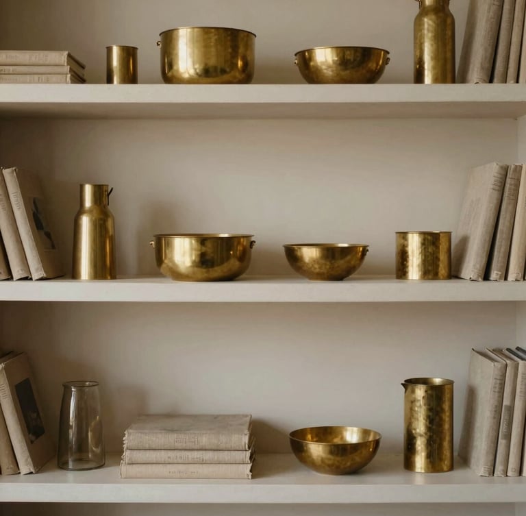 Interior shot of a warm-minimalist studio space, a curated shelf with brass objects and linen-bound books, soft natural side-light, muted earth tones and brass accents, shallow depth of field, 35mm