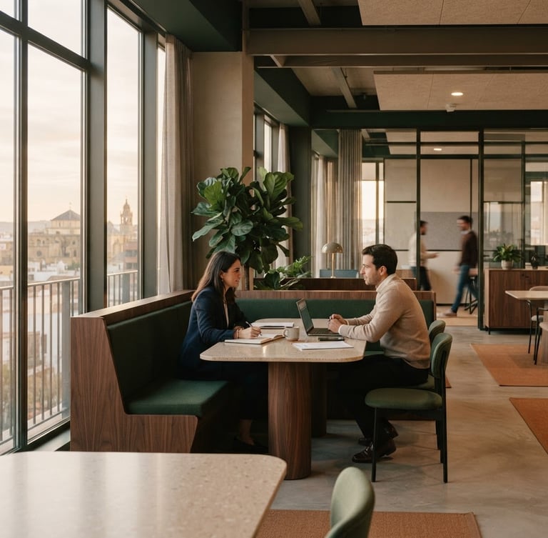 Warm editorial photography of a modern, sober corporate office in Córdoba with soft natural light filtering through large windows, architectural details, 35mm