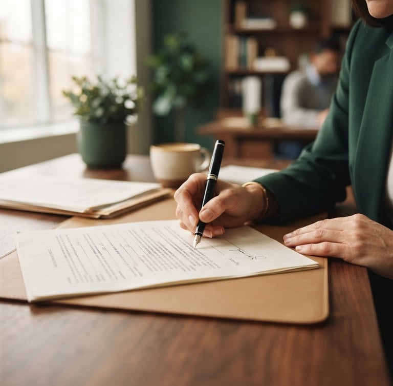 Close-up of a professional hand signing legal insurance documents on a warm wooden desk, soft natural office light, deep forest green accents, shallow depth of field, 35mm