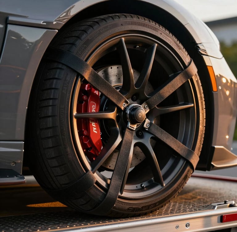 Extreme close-up of a high-end sports car wheel secured to a flatbed trailer using heavy-duty soft-strap wheel tie-downs, no metal-on-metal contact, dramatic amber street lighting