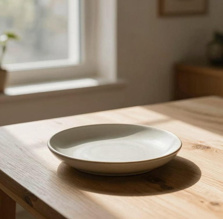 Warm editorial photography of a sun-drenched domestic interior with soft natural window light, a minimalist ceramic dish sitting on a white oak table, rich earthy tones, shallow depth of field, 35mm