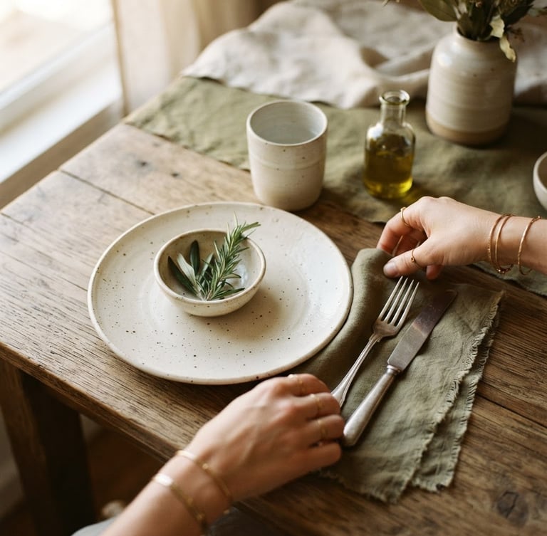 Overhead close-up of hands styling a minimalist table setting, soft afternoon window light, textured cream ceramics, linen napkins, muted olive tones, 35mm photography