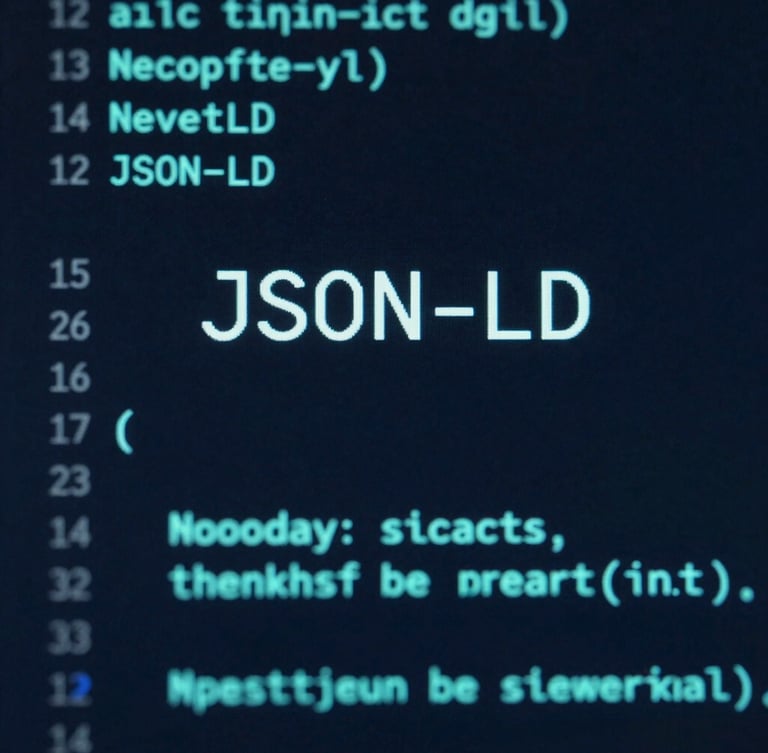 Moody high-tech photography of clean structured JSON-LD code on a dark screen, glowing teal syntax highlighting, sharp focus, macro details, 35mm