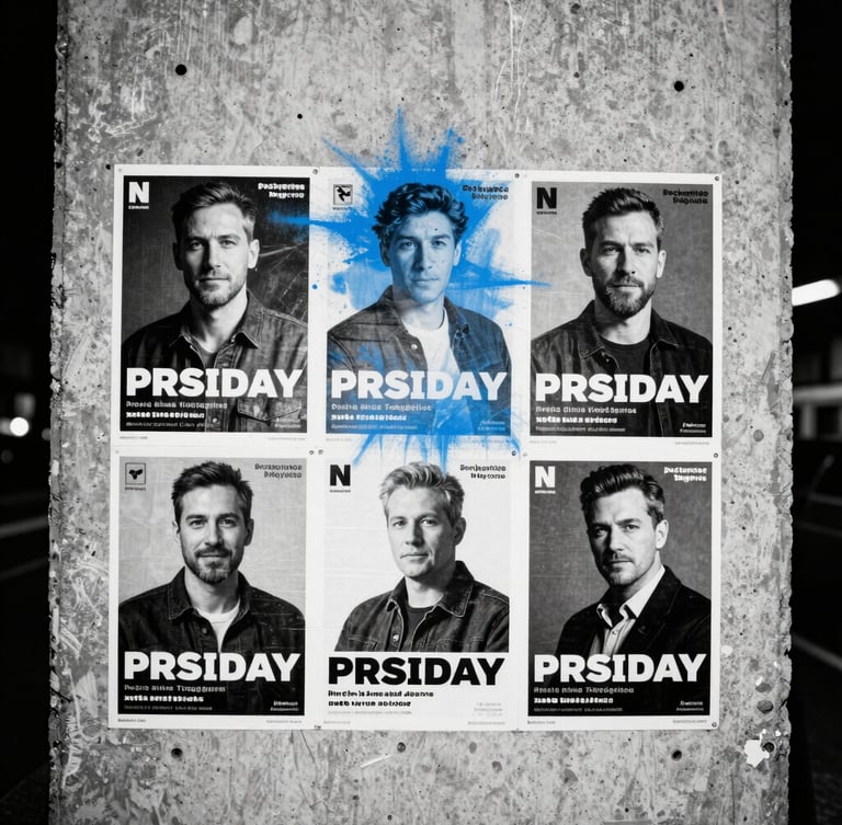 Gritty editorial photography, harsh direct flash, high-contrast monochrome scene of printed campaign mockups wheat-pasted on a raw concrete urban wall, 35mm film grain, electric blue overspray accent.