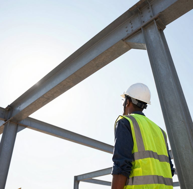 Low-angle shot of an African civil engineer in a white hardhat and safety vest looking at a massive structural steel installation under bright, high-contrast daylight.