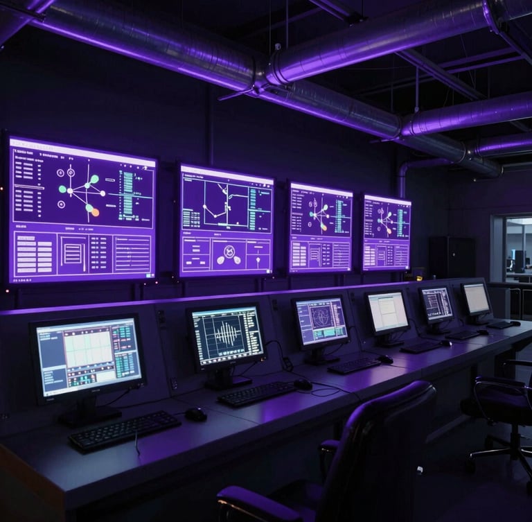 Wide environmental shot of a modern pipeline control room at night, glowing SCADA monitors casting a deep purple ambient light on technical interfaces, highly detailed, 35mm lens