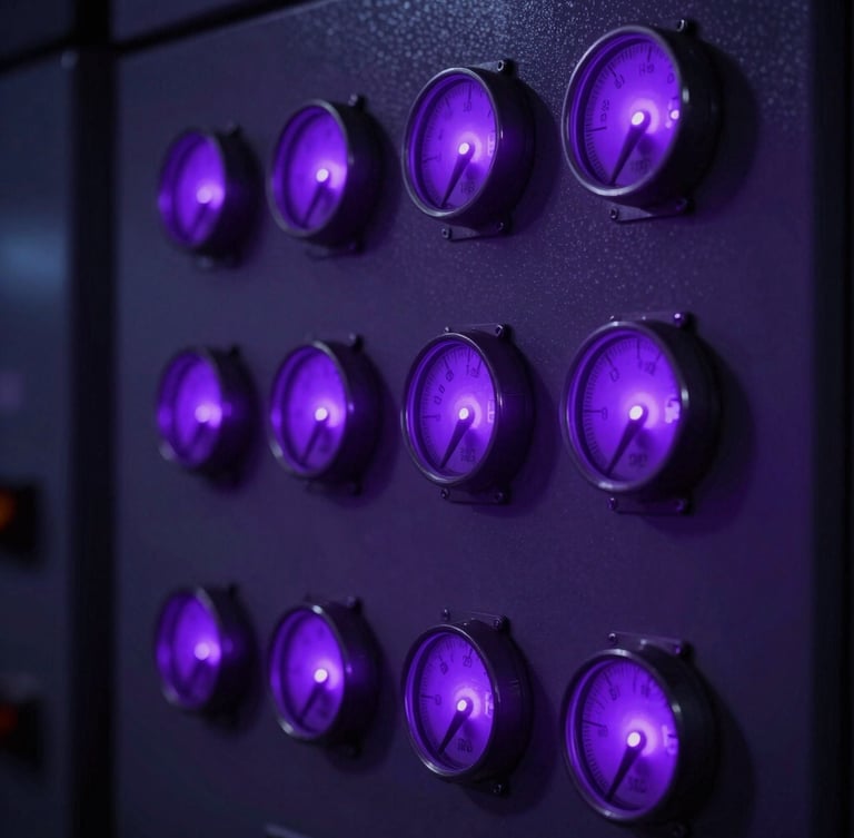 Close-up of a high-contrast industrial control panel, glowing purple indicator lights, steel dials, sharp technical details, dark background