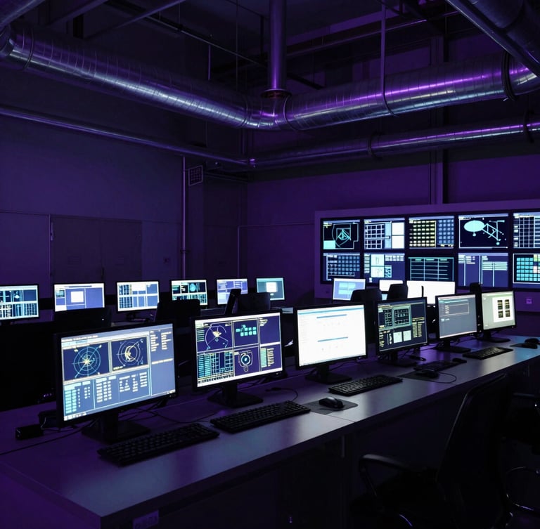 Wide environmental shot of a high-tech pipeline control room at night, glowing multi-monitor SCADA setup, low-key ambient purple light, sharp technical details, 35mm lens