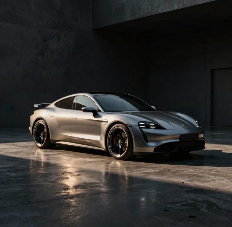 Cinematic wide shot of a modern electric sports car parked on a concrete studio platform, dramatic high-contrast overhead lighting casting sharp metallic reflections, dark moody atmosphere.