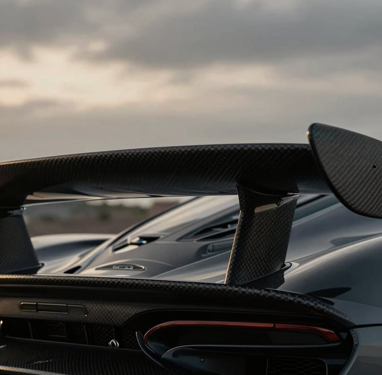 Extreme macro close-up of a carbon fiber aerodynamic wing on a modern supercar, moody overcast daylight highlighting the precise weave pattern, shallow depth of field.