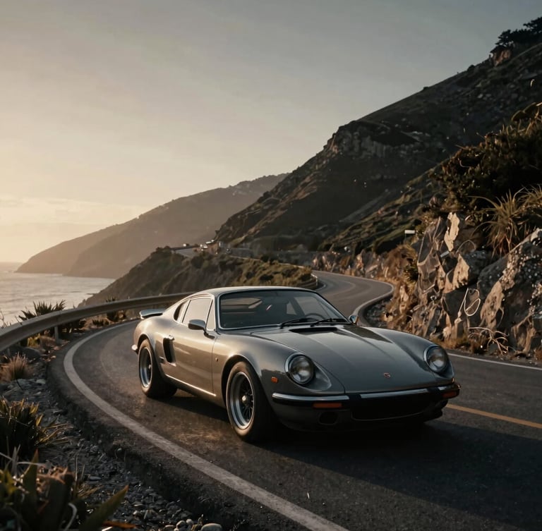 Cinematic wide-angle shot of a classic sports car navigating a coastal mountain pass at golden hour, dramatic high-contrast lighting, desaturated charcoal tones, 35mm anamorphic lens.