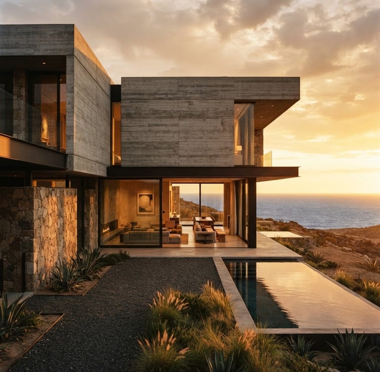 Fasad vila modern mewah, arsitektur monolitik, pencahayaan golden-hour dramatis, garis bersih, material jujur, lanskap minimalis.