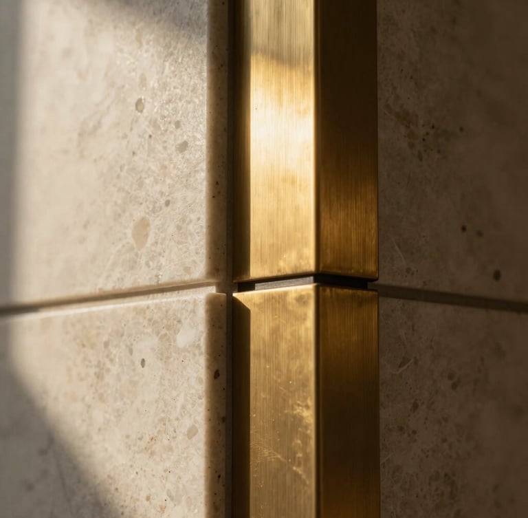 Extreme macro detail shot of a seamlessly joined honed travertine and brushed brass material intersection, dramatic low-angle sun creating deep shadows, highlighting the precision and texture. cinematic architectural photography, high-end editorial, 35mm.