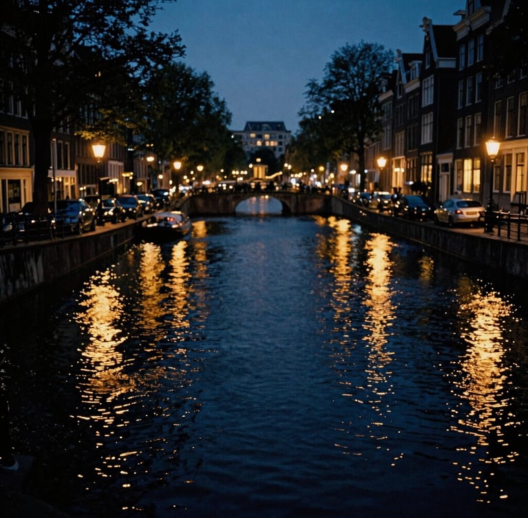 Cinematic low-key editorial photo of the Amsterdam canals at twilight, reflecting warm gold streetlights on deep navy water, 35mm film grain, high-contrast.