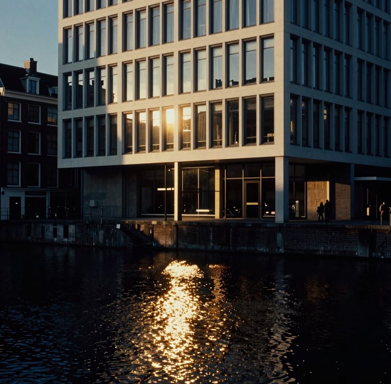 Cinematic vertical portrait of a modern architectural facade in Amsterdam, dramatic high-contrast golden hour light reflecting on canal water, deep navy shadows.