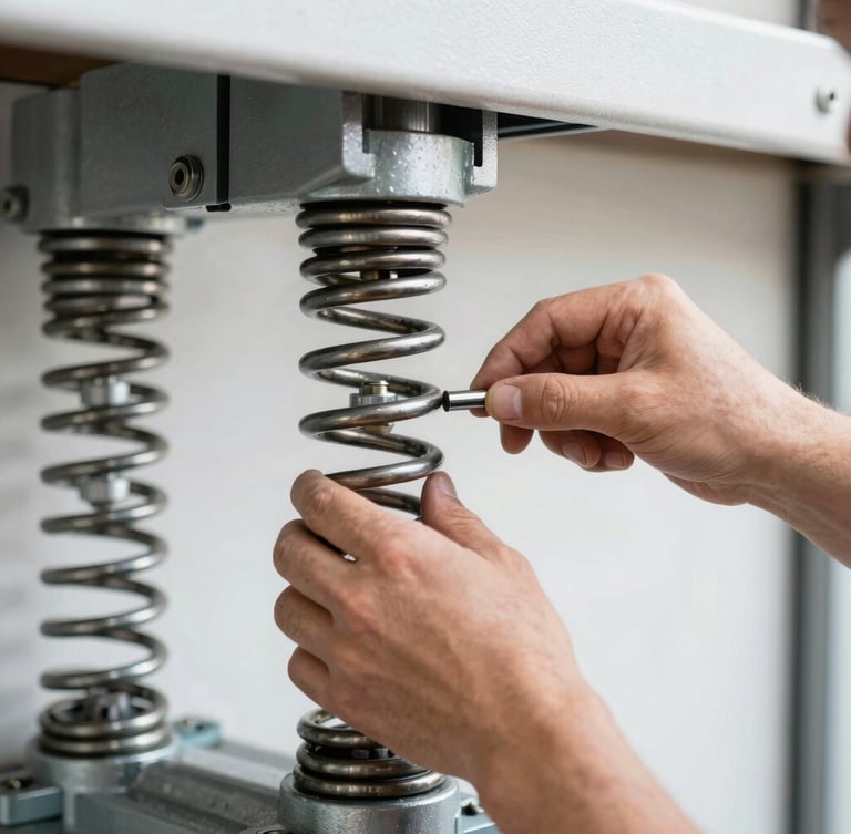 Close-up, sharp documentary photo of a technician's hands installing a heavy-duty, high-cycle torsion spring on a garage door mechanism, focused on the steel components, bright work light, shallow depth of field.