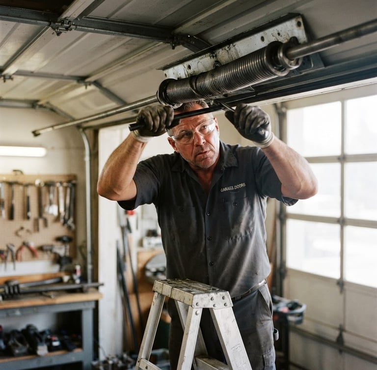 Professional garage door technician in uniform, focused on repairing a heavy-duty steel torsion spring, bright natural daylight, clean high-contrast industrial tones, shallow depth of field, 35mm