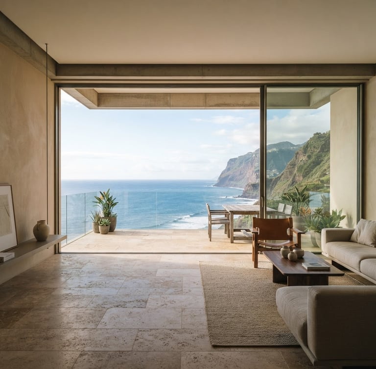 Wide-angle architectural photograph of a minimalist luxury apartment interior in Madeira. Large floor-to-ceiling glass doors open to a spacious balcony with an unobstructed view of the deep blue Atlantic Ocean. Soft morning coastal light, warm stone tiles, minimalist furniture.