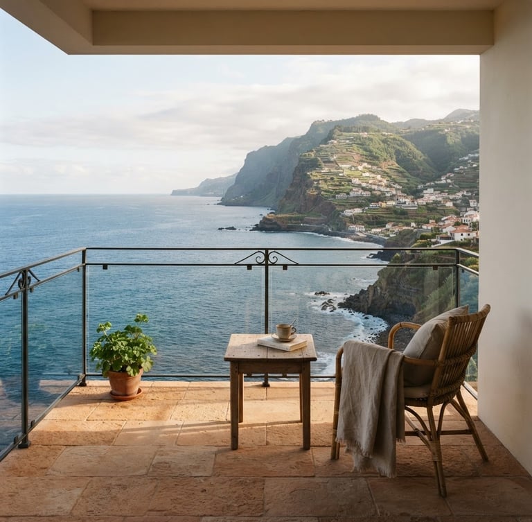 Warm editorial wide-angle photograph of a minimalist balcony overlooking the deep blue Atlantic ocean in Santa Cruz, Madeira, soft morning light casting gentle shadows on warm stone tiles.