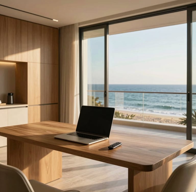 Medium shot of a premium remote workspace inside a luxury apartment. A clean wooden desk with a modern laptop, overlooking a sunny ocean balcony. Soft golden hour light, high-end finishes, minimalist design.