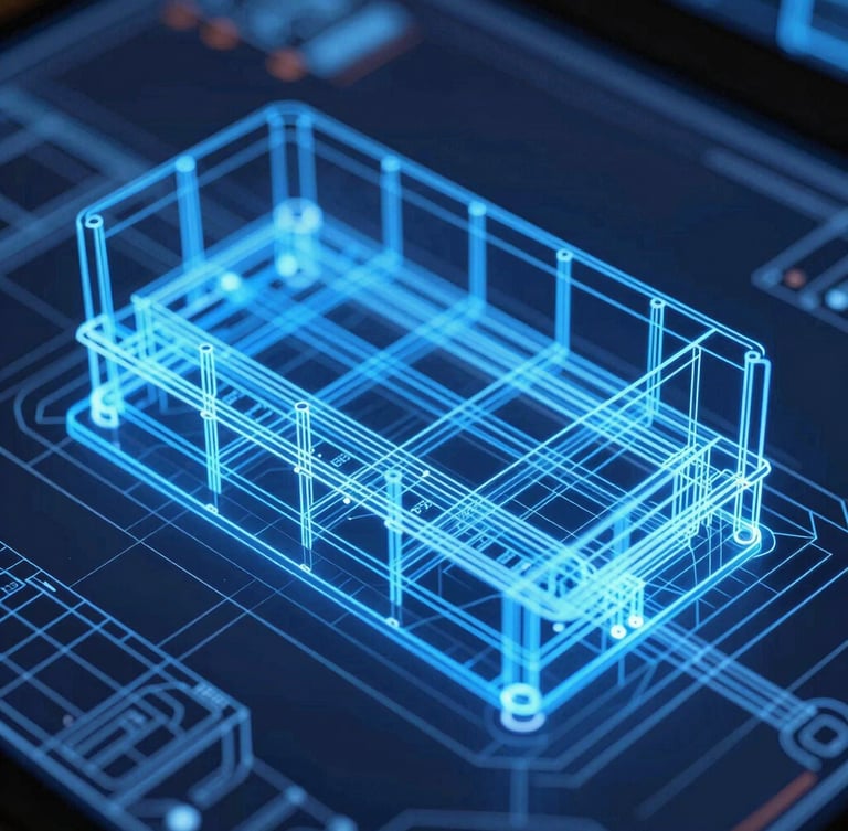 Extreme close-up of a complex 3D structural model on a screen, glowing neon blue lines showing load distribution, dark technical background, sharp focus