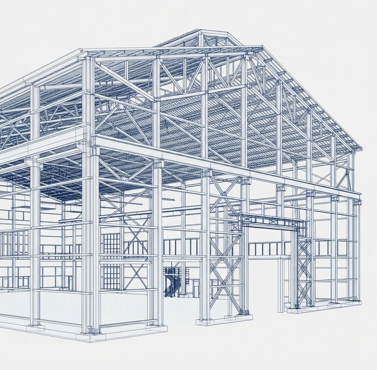 3D wireframe model of a complex steel warehouse structure, clean white background, sharp technical lines, architectural blueprint style, 35mm