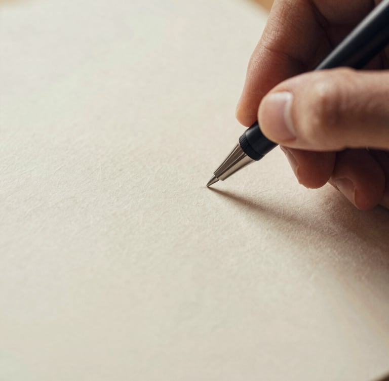 Macro detail of textured paper and a hand holding a pen, shallow depth of field, warm cream tones, high contrast soft shadows, editorial film photography.