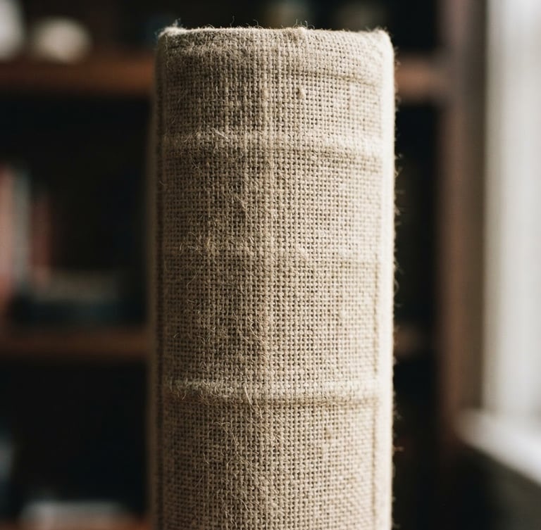 Macro photograph of a high-quality book spine with visible textured paper, soft natural window light, editorial film photography style, warm cream tones, 35mm.