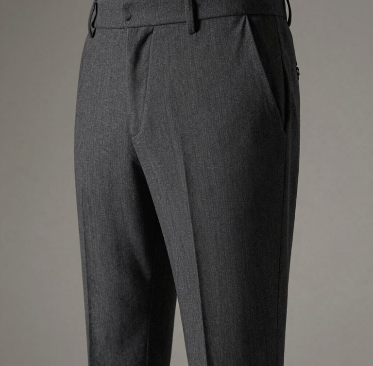 Close-up of premium men's charcoal fabric trousers drape, focusing on the sharp crease and elegant fall from waist to ankle, soft directional studio lighting, muted neutral background, 85mm lens