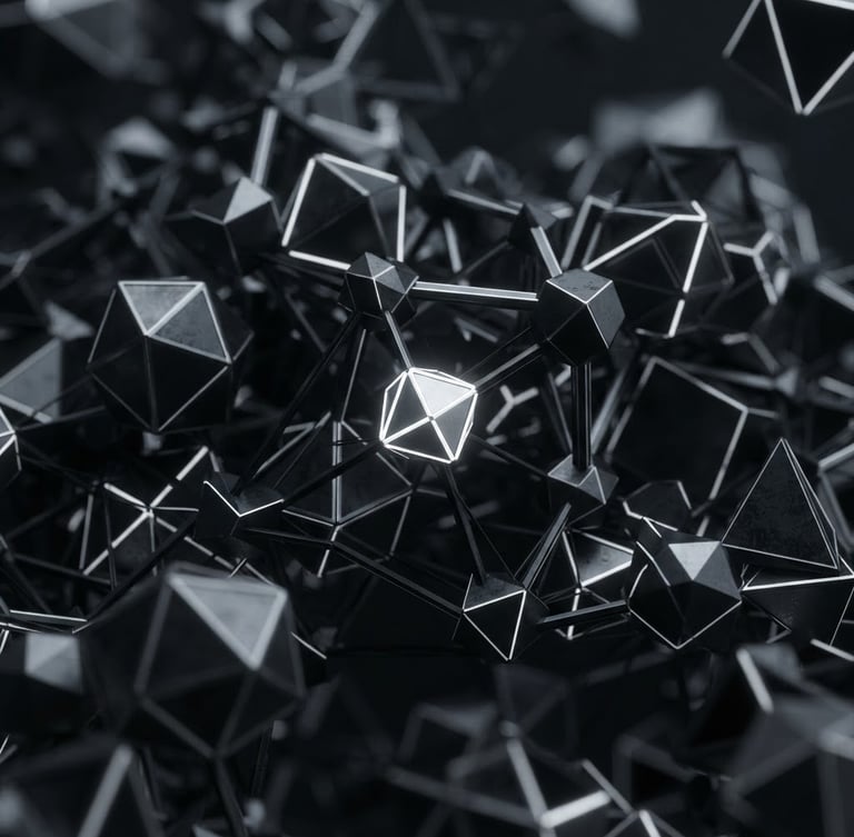 Macro close-up of dark metallic 3D geometric nodes, sharp white edge highlights, futuristic clean tech aesthetic, cinematic depth, 21:9 ratio focus