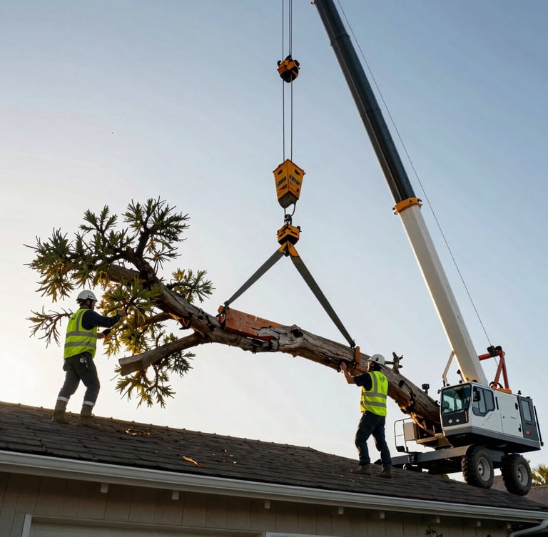 Low-angle dynamic shot of a massive crane lifting a heavy oak limb over a residential roof in Santa Clarita, helmeted professionals in high-vis gear guiding the rigging under bright morning sunlight.