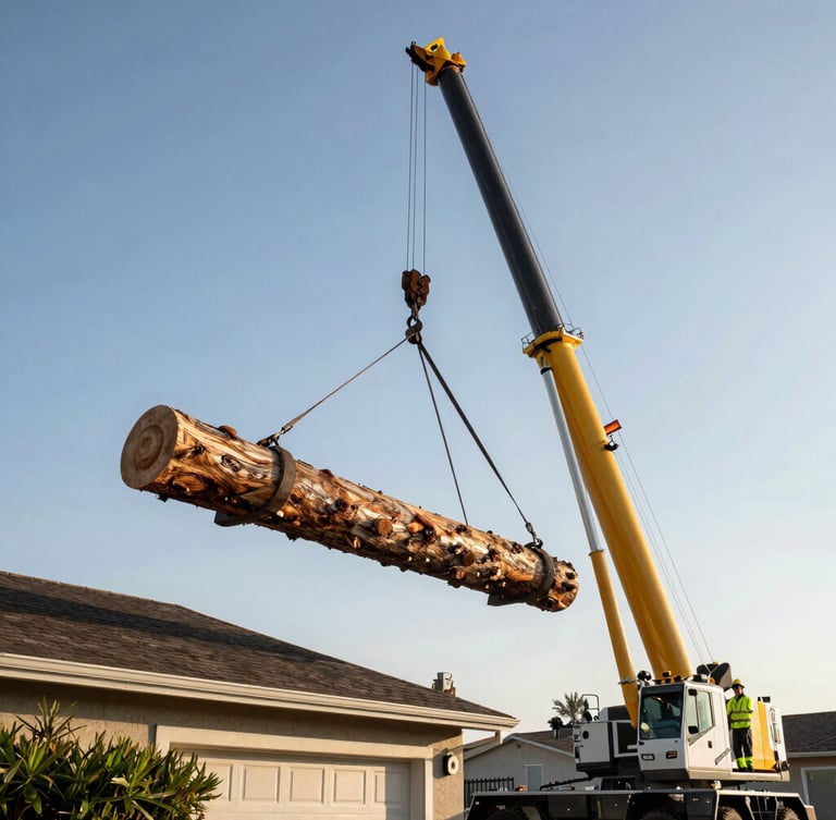 A low-angle shot of a massive mobile crane lifting a heavy pine log safely over a suburban roof, operated by a worker in high-vis safety gear, bright clear morning Southern California light
