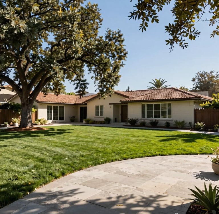 A pristine suburban backyard in Valencia, California, with a perfectly manicured green lawn, a clean swept stone patio, and a beautifully pruned mature oak tree framing the clear sky