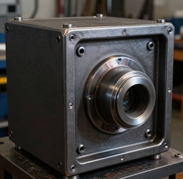 Close-up of a heavy steel acoustic generator enclosure, clean industrial welds, charcoal powder-coated finish, dramatic workshop lighting with metallic reflections