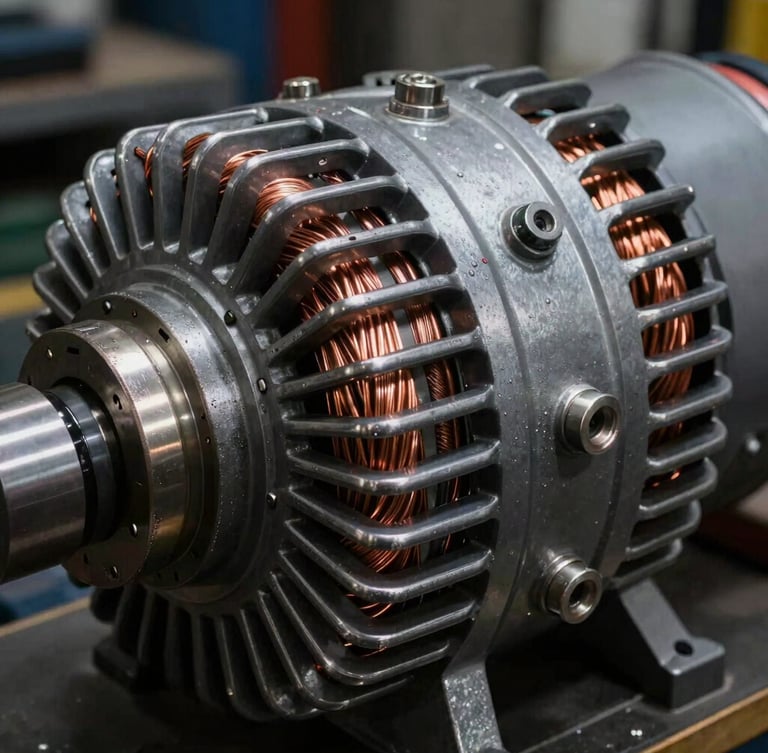 Close-up of copper windings inside a heavy-duty industrial generator alternator, high-contrast workshop lighting, metallic steel reflections