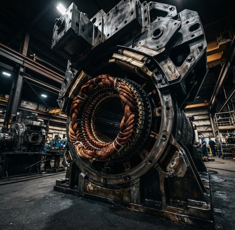 Low-angle dramatic shot of a massive industrial generator assembly on a workshop floor, high-contrast industrial lighting, metallic steel reflections, sharp focus on copper alternator windings