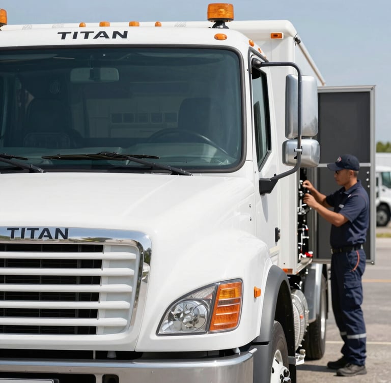 Portrait-oriented close-up of a branded Titan service truck, clean and well-maintained, with a uniformed technician checking equipment in the background. Bright natural daylight, high-contrast cool tones.