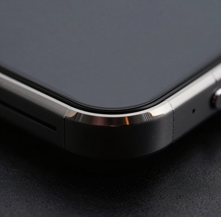 Extreme close-up macro photography of a chamfered grade 5 titanium phone edge, razor sharp rim lighting, deep obsidian shadows, high contrast reflections.