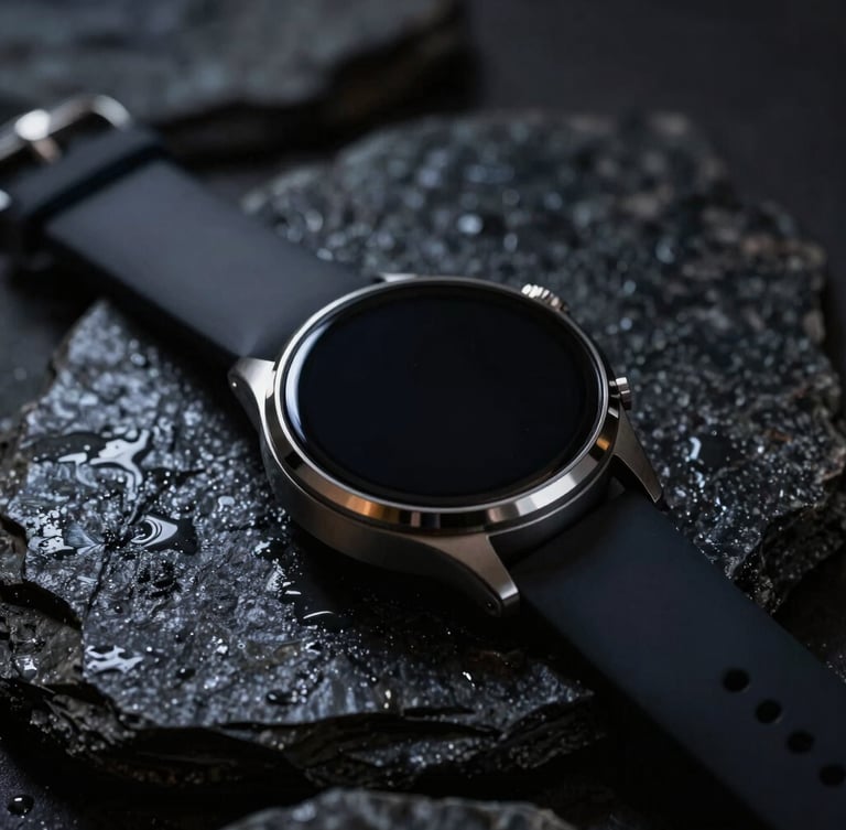 A luxury smartwatch resting on a dark, wet textured stone, dramatic rim lighting highlighting the hand-polished ceramic case and sapphire glass, shallow depth of field.