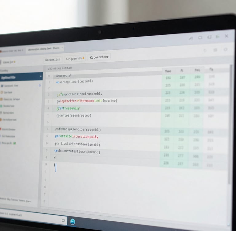 A close-up of an integrated development environment displaying optimized assembly code and compiler register allocation tables, bright natural daylight, cool gray tones