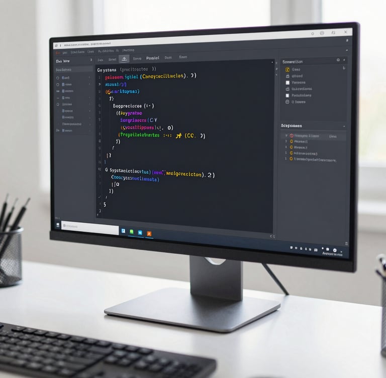 A clean close-up of a code editor displaying a Go system architecture implementation on a sleek dark monitor, bright natural daylight, cool gray tones, shallow depth of field