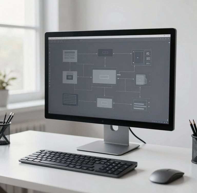 A minimalist desk setup with a high-fidelity system architecture diagram displayed on a sleek monitor, cool gray tones, bright natural daylight, shallow depth of field.