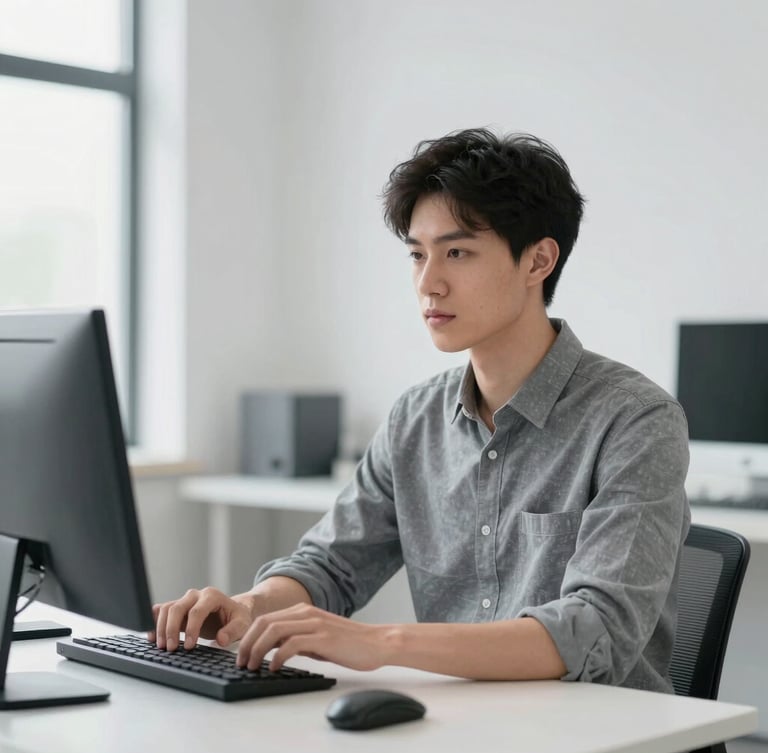 A clean, high-contrast professional portrait of a young male engineer in a bright, naturally lit studio, cool gray tones, minimalist background.