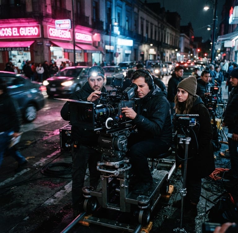 Behind-the-scenes film set in Mexico City at night, neon pink lights reflecting on camera rig, anamorphic framing, 35mm film grain