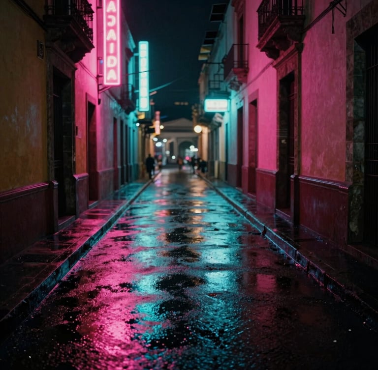 Cinematic wide shot of a neon-lit alley in Mexico City at night, wet asphalt reflecting pink and cyan light, cinematic 35mm film grain, anamorphic lens
