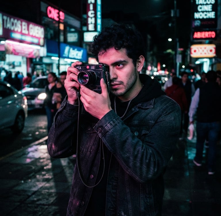 Moody cinematic portrait of a young Mexican filmmaker with a 35mm camera, neon pink and cyan reflections from Mexico City streets at night, rich grain.