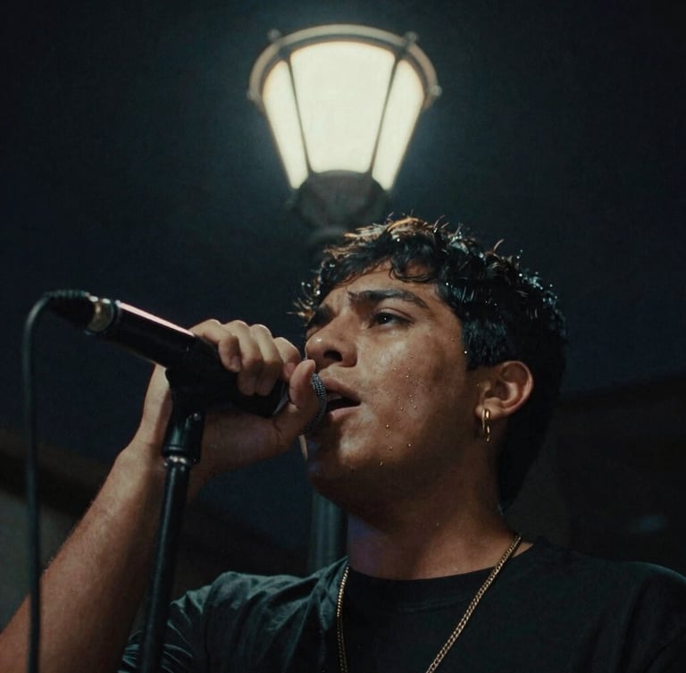 Extreme close-up anamorphic shot of a young Mexican musical artist singing under a neon-lit streetlamp in CDMX, moody shadows, 35mm film grain.