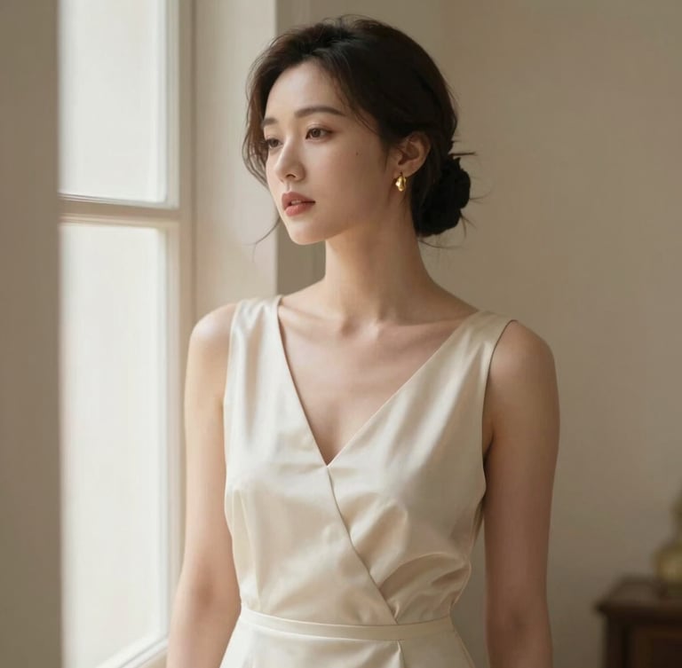 An elegant editorial portrait of a woman in a bespoke cream silk dress, soft natural window light, warm neutral background, 35mm photography