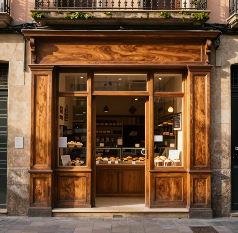Warm editorial photography, golden-hour natural light, a classic wooden storefront of an old traditional bakery in Barcelona, 35mm